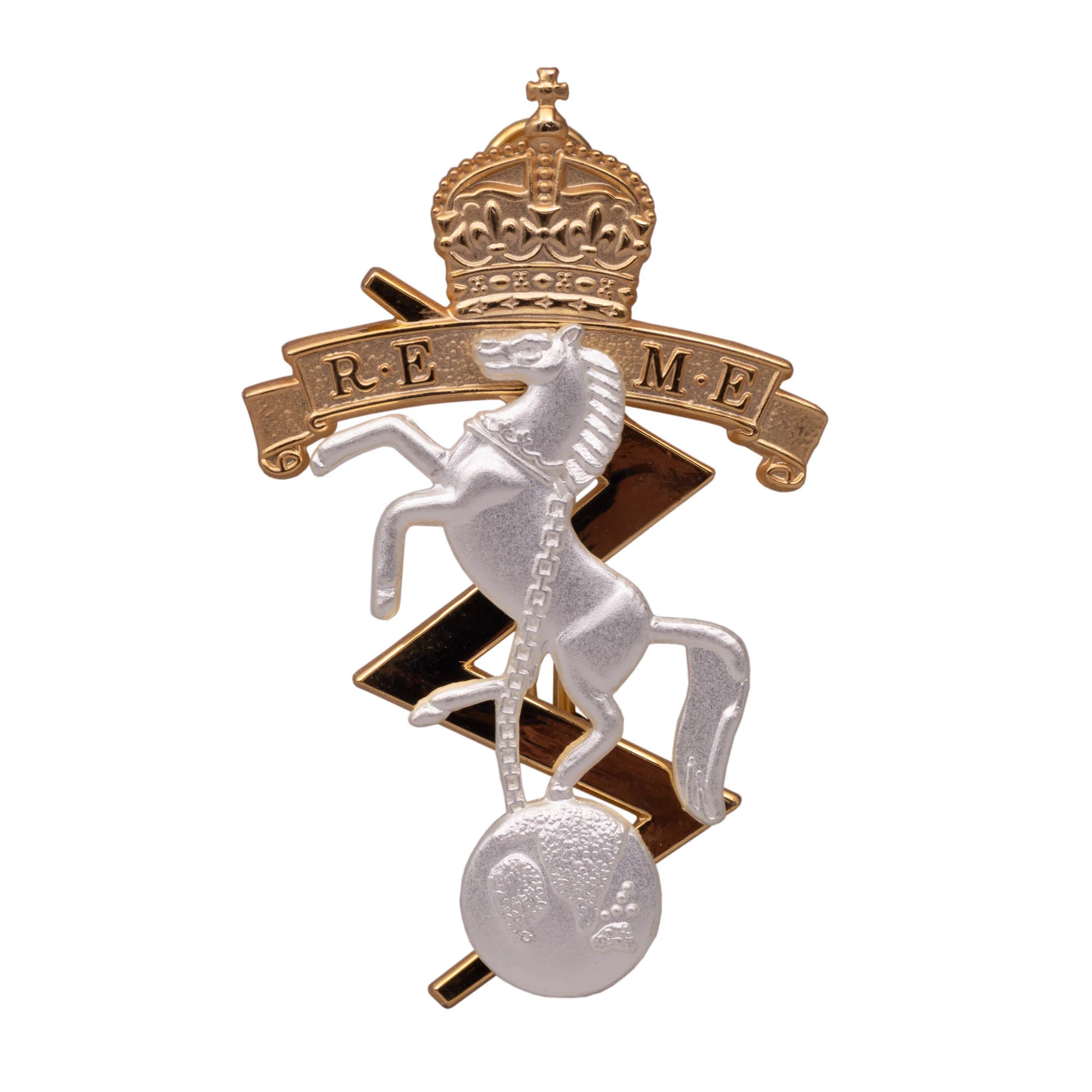 Cap Badge - REME - Officers - 2pc - Shank & Pin - Silver & Burnished - Tudor Crown