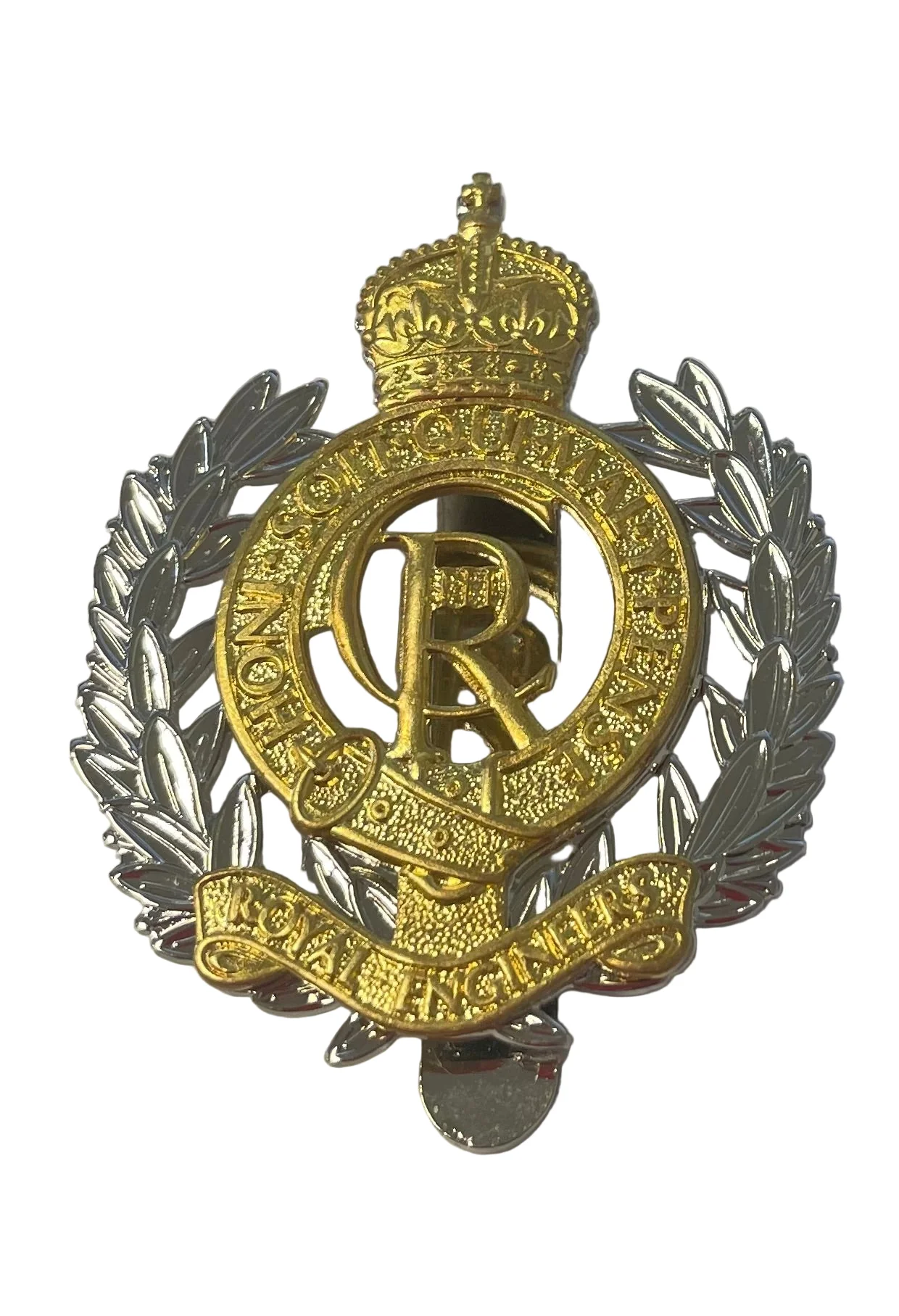Cap Badge - Royal Engineers - Brass & Nickel - V Hook - Tudor Crown
